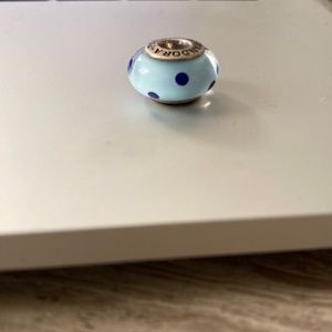 Pandora Sterling Silver Light Blue with Dark Blue Polka dot Glass charm.